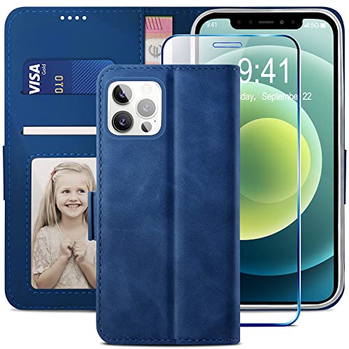 YATWIN Kompatibel mit iPhone 12 Hülle und iPhone 12 Pro Handyhülle +1 Stück Panzerglas Schutzfolie, Klapphülle Premium Leder Brieftasche Schutzhülle Handytasche für iPhone 12/12 Pro Case, Blau von YATWIN