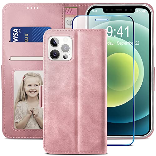 YATWIN Kompatibel mit iPhone 12 Hülle und iPhone 12 Pro Handyhülle +1 Stück Panzerglas Schutzfolie, Klapphülle Premium Leder Brieftasche Schutzhülle Handytasche für iPhone 12/12 Pro Case, Rosa von YATWIN