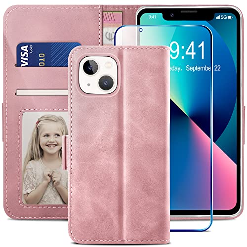 YATWIN Kompatibel mit iPhone 13 Hülle und iPhone 13 Handyhülle +1 Stück Panzerglas Schutzfolie, Klapphülle Premium Leder Brieftasche Schutzhülle Handytasche für iPhone 13 Case, Rot von YATWIN