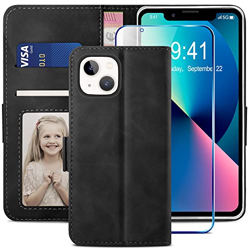 YATWIN Kompatibel mit iPhone 13 Hülle und iPhone 13 Handyhülle +1 Stück Panzerglas Schutzfolie, Klapphülle Premium Leder Brieftasche Schutzhülle Handytasche für iPhone 13 Case, Schwarz von YATWIN