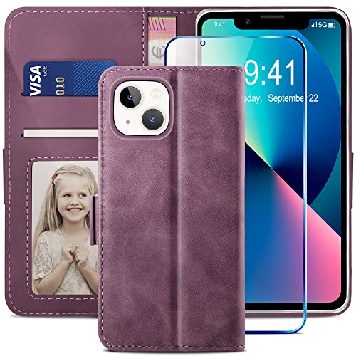 YATWIN Kompatibel mit iPhone 13 Hülle und iPhone 13 Handyhülle +1 Stück Panzerglas Schutzfolie, Klapphülle Premium Leder Brieftasche Schutzhülle Handytasche für iPhone 13 Case, Weinrot von YATWIN