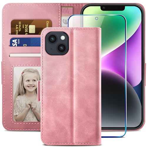 YATWIN Kompatibel mit iPhone 14 Hülle und iPhone 14 Handyhülle +1 Stück Panzerglas Schutzfolie, Klapphülle Premium Leder Brieftasche Schutzhülle Handytasche für iPhone 14 Case, Rosa von YATWIN