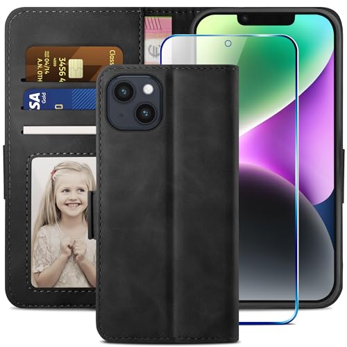 YATWIN Kompatibel mit iPhone 14 Hülle und iPhone 14 Handyhülle +1 Stück Panzerglas Schutzfolie, Klapphülle Premium Leder Brieftasche Schutzhülle Handytasche für iPhone 14 Case, Schwarz von YATWIN