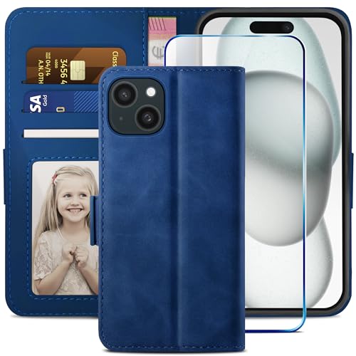 YATWIN Kompatibel mit iPhone 15 Hülle und iPhone 15 Handyhülle +1 Stück Panzerglas Schutzfolie, Klapphülle Premium Leder Brieftasche Schutzhülle Handytasche für iPhone 15 Case,Blau von YATWIN