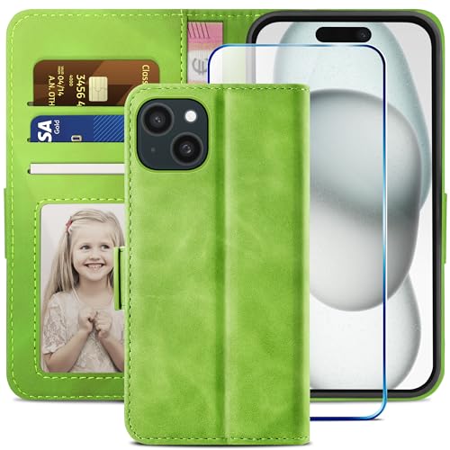 YATWIN Kompatibel mit iPhone 15 Hülle und iPhone 15 Handyhülle +1 Stück Panzerglas Schutzfolie, Klapphülle Premium Leder Brieftasche Schutzhülle Handytasche für iPhone 15 Case,Grün YATWIN Kompatibel mit iPhone 15 Hülle und iPhone 15 Handyhülle +1 Stück Panzerglas Schutzfolie, Klapphülle Premium Leder Brieftasche Schutzhülle Handytasche für iPhone 15 Case,Grün von YATWIN