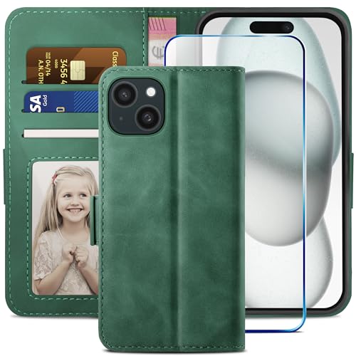 YATWIN Kompatibel mit iPhone 15 Hülle und iPhone 15 Handyhülle +1 Stück Panzerglas Schutzfolie, Klapphülle Premium Leder Brieftasche Schutzhülle Handytasche für iPhone 15 Case,KieferGrün YATWIN Kompatibel mit iPhone 15 Hülle und iPhone 15 Handyhülle +1 Stück Panzerglas Schutzfolie, Klapphülle Premium Leder Brieftasche Schutzhülle Handytasche für iPhone 15 Case,KieferGrün von YATWIN