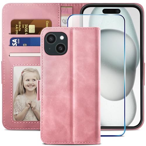 YATWIN Kompatibel mit iPhone 15 Hülle und iPhone 15 Handyhülle +1 Stück Panzerglas Schutzfolie, Klapphülle Premium Leder Brieftasche Schutzhülle Handytasche für iPhone 15 Case,Rosa YATWIN Kompatibel mit iPhone 15 Hülle und iPhone 15 Handyhülle +1 Stück Panzerglas Schutzfolie, Klapphülle Premium Leder Brieftasche Schutzhülle Handytasche für iPhone 15 Case,Rosa von YATWIN