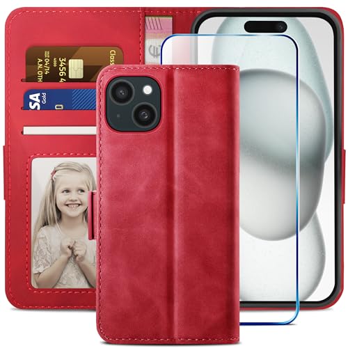 YATWIN Kompatibel mit iPhone 15 Hülle und iPhone 15 Handyhülle +1 Stück Panzerglas Schutzfolie, Klapphülle Premium Leder Brieftasche Schutzhülle Handytasche für iPhone 15 Case,Rot YATWIN Kompatibel mit iPhone 15 Hülle und iPhone 15 Handyhülle +1 Stück Panzerglas Schutzfolie, Klapphülle Premium Leder Brieftasche Schutzhülle Handytasche für iPhone 15 Case,Rot von YATWIN