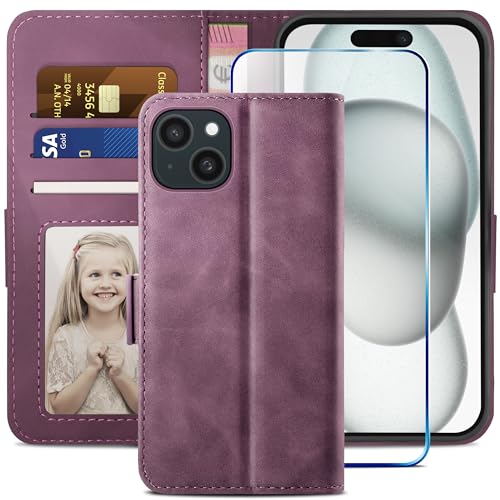 YATWIN Kompatibel mit iPhone 15 Hülle und iPhone 15 Handyhülle +1 Stück Panzerglas Schutzfolie, Klapphülle Premium Leder Brieftasche Schutzhülle Handytasche für iPhone 15 Case,Weinrot YATWIN Kompatibel mit iPhone 15 Hülle und iPhone 15 Handyhülle +1 Stück Panzerglas Schutzfolie, Klapphülle Premium Leder Brieftasche Schutzhülle Handytasche für iPhone 15 Case,Weinrot von YATWIN