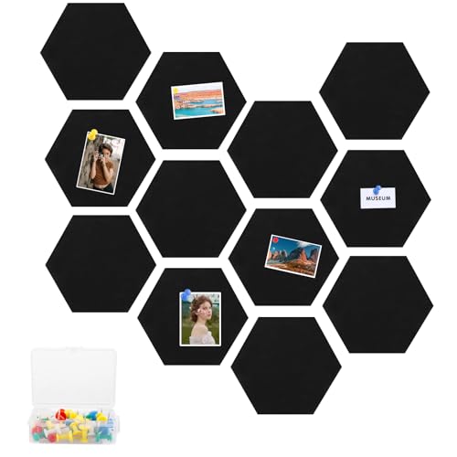 YAYODS 12 Stück Filz Pinnwand Selbstklebend - 30 x 26 cm Pinboard Groß mit 70 Pinnnadeln - Hexagon-Memoboard Schwarz - Filzn Pinwand zum Selbergestalten für Bilder, Küche, Büro, Schule von YAYODS