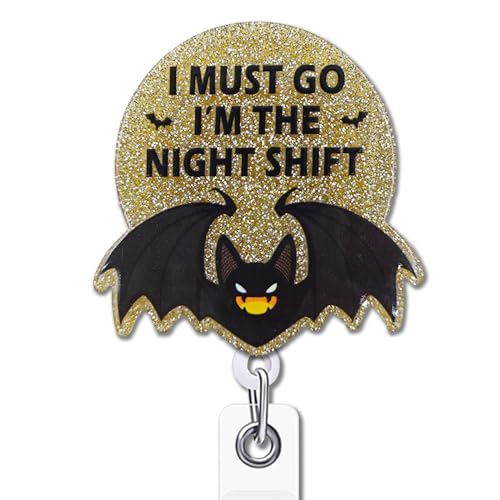 YAZMEEN Lustiger Fledermaus-Ausweishalter mit Krokodilklemme "I Must Go I'm The Night Shift", Ausweishalter, lustig, goldfarben, glitzernd, Geschenk für Nachtschicht, Krankenschwester, Arzt, YAZMEEN Lustiger Fledermaus-Ausweishalter mit Krokodilklemme "I Must Go I'm The Night Shift", Ausweishalter, lustig, goldfarben, glitzernd, Geschenk für Nachtschicht, Krankenschwester, Arzt, von YAZMEEN