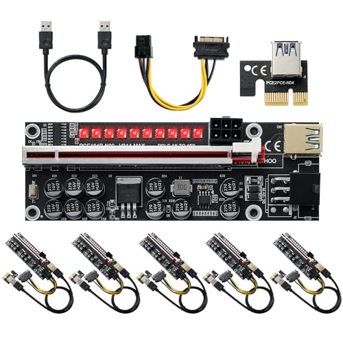 YBBOTT PCIE Riser 1X bis 16X GPU Riser Card, mit 0.6m USB 3.0 Kabel - LED Licht - 6PIN zu SATA Kabel - 11 feste Kondensatoren, PCI Express Riser Extender Adapter für Bitcoin Ethereum Mining (V014-MAX) von YBBOTT
