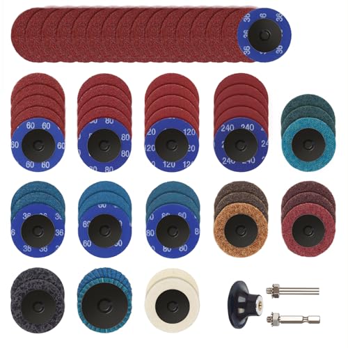 60-teiliges Schleifscheiben-Set, 5,1 cm, Schnellwechselscheibe mit 6,35 mm Halter, Oberflächenbehandlungsscheibe für Schleifmaschine, Oberflächenstreifen, Schleifen, Politur, Grat, Entrost 60-teiliges Schleifscheiben-Set, 5,1 cm, Schnellwechselscheibe mit 6,35 mm Halter, Oberflächenbehandlungsscheibe für Schleifmaschine, Oberflächenstreifen, Schleifen, Politur, Grat, Entrost von YCCHENG
