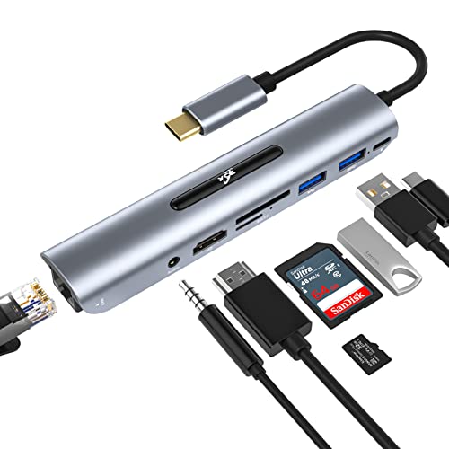 USB-C-Hub,8 Port in 1 Typ-C Hub mit Ethernet-Port,4K-USB-C auf HDMI,USB 3.0/2.0-Ports,SD/TF-Kartenleser,100 W Power Delivery,3.5 mm Klinkenstecker,für Windows,Surface Pro,weitere USB-C Laptops von YCE