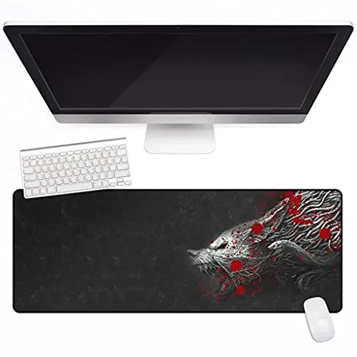 3D Druck Wolf Mauspad, Nordisch Wikinger Fenrir Groß Erweitert Tastatur Matte mit Rutschfeste Basis und Genähter Rand Schreibtischunterlage,Schwarz,31.5" x 11.8" von YCYR