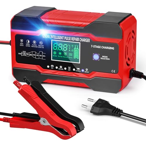 10 A Autobatterie Ladegerät 10A 12V 24V Smart Vollautomatische KFZ Batterieladegerät LCD Touchscreen Temperaturkompensation Reparaturmodus Ladegerät für Auto Motorrad Kleintransporter von YDBAO