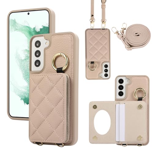 YDIJCYAN Handyhülle für Samsung Galaxy S22 Hülle mit Band+Ring+Schminkspiegel Stoßfest Handy Schutzhülle (Khaki) von YDIJCYAN