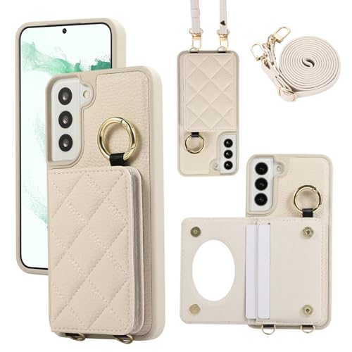 YDIJCYAN Handyhülle für Samsung Galaxy S22 Plus / S22+ Hülle mit Band+Ring+Schminkspiegel Stoßfest Handy Schutzhülle (weiß) von YDIJCYAN