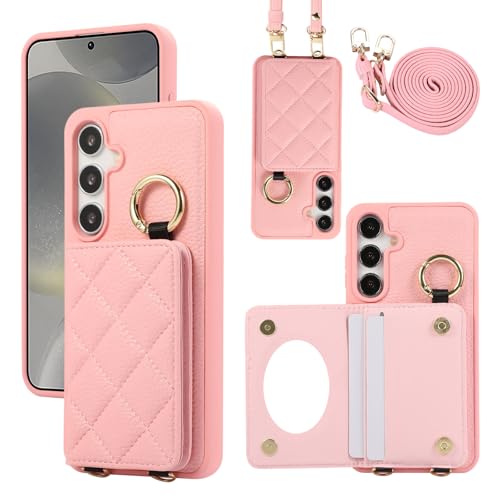 YDIJCYAN Handyhülle für Samsung Galaxy S23 Plus / S23+ Hülle mit Band+Ring+Schminkspiegel Stoßfest Handy Schutzhülle (Roségold) von YDIJCYAN