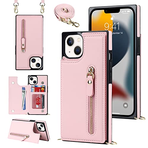 YDIJCYAN Handyhülle für iPhone 13 Etui mit Kartenfach Hülle mit Verstellbarer Halskette, iPhone 13 Handytasche mit Reißverschluss Geldbörse -pink von YDIJCYAN