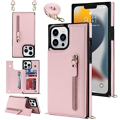 YDIJCYAN Handyhülle für iPhone 13 Pro Max Etui mit Kartenfach Hülle mit Verstellbarer Halskette, iPhone 13 Pro Max Handytasche mit Reißverschluss Geldbörse -pink von YDIJCYAN