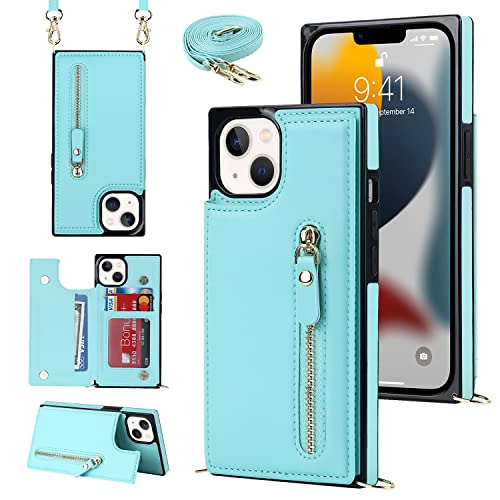 YDIJCYAN Handyhülle für iPhone 14 Etui mit Kartenfach Hülle mit Verstellbarer Halskette, iPhone 14 Handytasche mit Reißverschluss Geldbörse -grün von YDIJCYAN