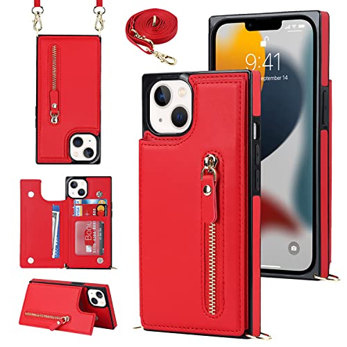 YDIJCYAN Handyhülle für iPhone 14 Etui mit Kartenfach Hülle mit Verstellbarer Halskette, iPhone 14 Handytasche mit Reißverschluss Geldbörse - rot von YDIJCYAN