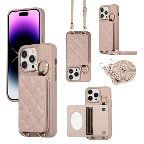 YDIJCYAN Handyhülle für iPhone 14 Pro Max Hülle mit Band+Ring+Schminkspiegel Stoßfest Handy Schutzhülle (Khaki) von YDIJCYAN