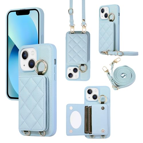 YDIJCYAN Handyhülle für iPhone 15 Hülle mit Band+Ring+Schminkspiegel Stoßfest Handy Schutzhülle (Blauer) von YDIJCYAN