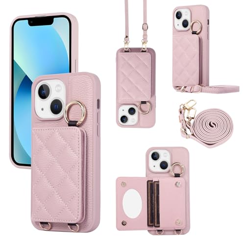 YDIJCYAN Handyhülle für iPhone 15 Hülle mit Band+Ring+Schminkspiegel Stoßfest Handy Schutzhülle (lila Farbe) von YDIJCYAN