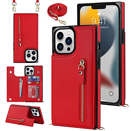 YDIJCYAN Handyhülle für iPhone 15 Pro Etui mit Kartenfach Hülle mit Verstellbarer Halskette, iPhone 15 Pro Handytasche mit Reißverschluss Geldbörse - rot von YDIJCYAN