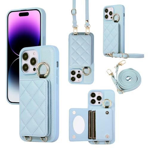 YDIJCYAN Handyhülle für iPhone 15 Pro Hülle mit Band+Ring+Schminkspiegel Stoßfest Handy Schutzhülle (Blauer) von YDIJCYAN