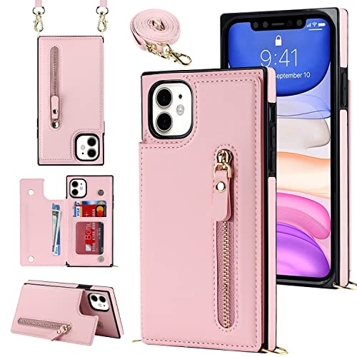 YDIJCYAN Handyhülle für iPhone 16 Etui mit Kartenfach Hülle mit Verstellbarer Halskette, iPhone 16 Handytasche mit Reißverschluss Geldbörse -pink von YDIJCYAN