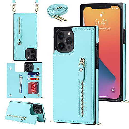 YDIJCYAN Handyhülle für iPhone 16 Pro Max Etui mit Kartenfach Hülle mit Verstellbarer Halskette, iPhone 16 Pro Max Handytasche mit Reißverschluss Geldbörse -grün von YDIJCYAN