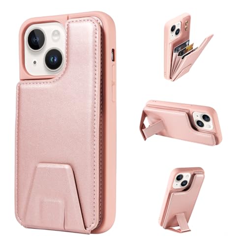 YDIJCYAN Kompatibel mit iPhone 13 Hülle Brieftasche mit Kartenhalter, mit Unsichtbare Ständer, RFID Blocking Leder Schutzhülle Doppeltasten Stoßfest Cover (Roségold) von YDIJCYAN