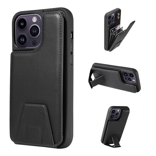 YDIJCYAN Kompatibel mit iPhone 14 Pro Max Hülle Brieftasche mit Kartenhalter, mit Unsichtbare Ständer, RFID Blocking Leder Schutzhülle Doppeltasten Stoßfest Cover (Schwarz) von YDIJCYAN