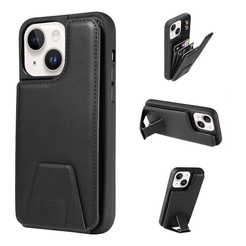 YDIJCYAN Kompatibel mit iPhone 15 Hülle Brieftasche mit Kartenhalter, mit Unsichtbare Ständer, RFID Blocking Leder Schutzhülle Doppeltasten Stoßfest Cover (Schwarz) von YDIJCYAN