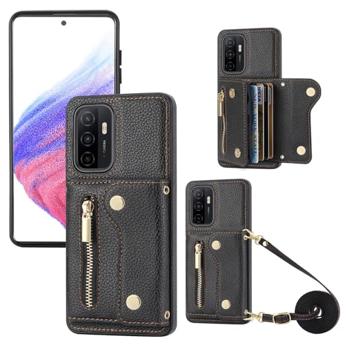 YDIJCYAN für Samsung Galaxy S23 Plus / S23+ Hülle mit Band,Handyhülle Handykette Case Handy Hülle, Leder Cover Klapphülle Reißverschluss Stoßfest Schutzhülle mit Kreditkartenfach (Schwarz) von YDIJCYAN