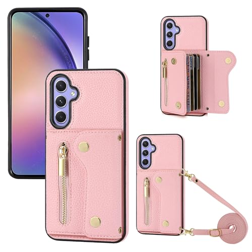 YDIJCYAN für Samsung Galaxy S24 Hülle mit Band,Handyhülle Handykette Case Handy Hülle, Leder Cover Klapphülle Reißverschluss Stoßfest Schutzhülle mit Kreditkartenfach (Rosa) von YDIJCYAN