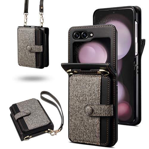 YDIJCYAN für Samsung Galaxy Z Flip 5 Hülle, Farbkombination Lederschutz, Kartenetui + mit Verstellbarem Abnehmbarem Kordel, Anti-Drop Handyhülle für Samsung Galaxy Z Flip 5.grau YDIJCYAN für Samsung Galaxy Z Flip 5 Hülle, Farbkombination Lederschutz, Kartenetui + mit Verstellbarem Abnehmbarem Kordel, Anti-Drop Handyhülle für Samsung Galaxy Z Flip 5.grau von YDIJCYAN