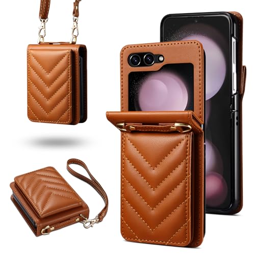 YDIJCYAN für Samsung Galaxy Z Flip 6 Hülle, Hybrid PC und Lederschutz, Kartenetui + mit Verstellbarem Abnehmbarem Kordel, Anti-Drop Handyhülle für Samsung Galaxy Z Flip 6.Braun von YDIJCYAN