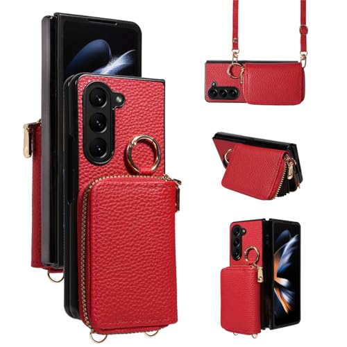 YDIJCYAN für Samsung Z Fold 4 Hülle, Case Leder Klapphülle Case Reißverschluss Stoßfest Schutzhülle Handy Hülle mit Kette Handyhülle für Samsung Z Fold 5 (rot) von YDIJCYAN