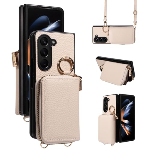 YDIJCYAN für Samsung Z Fold 5 Hülle, Case Leder Klapphülle Case Reißverschluss Stoßfest Schutzhülle Handy Hülle mit Kette Handyhülle für Samsung Z Fold 5 (Off White) von YDIJCYAN