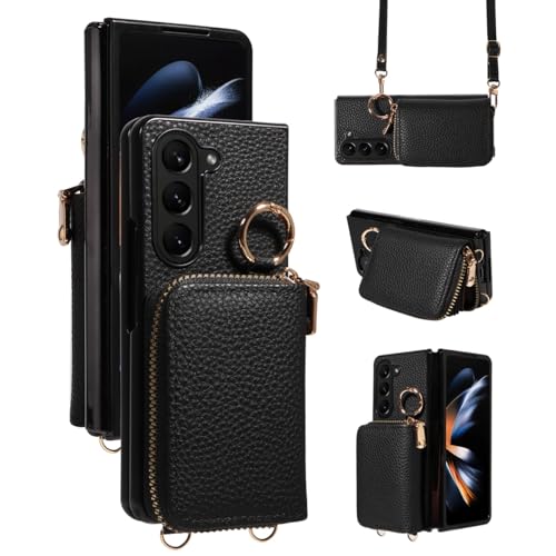 YDIJCYAN für Samsung Z Fold 5 Hülle, Case Leder Klapphülle Case Reißverschluss Stoßfest Schutzhülle Handy Hülle mit Kette Handyhülle für Samsung Z Fold 5 (Schwarz) von YDIJCYAN