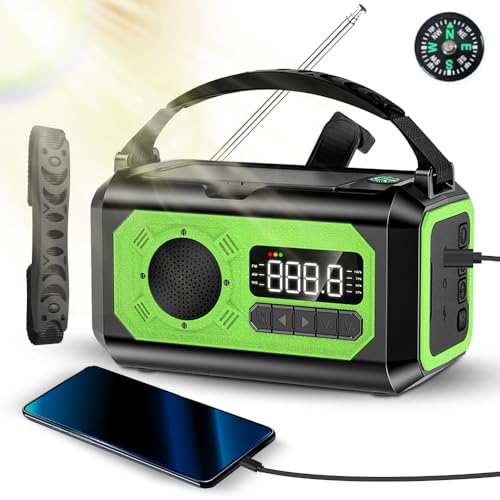 Notfallkurbel Wetter Radio Tragbare NOAA AM FM WB mit 12000mah Solar Hand Power Bank Taschenlampe Lesen Lampe SOS Kompass für Camping -Wandern (Green) von YDuupxe