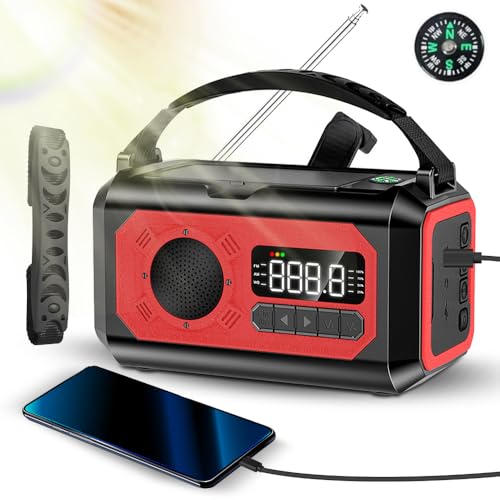 Notfallkurbel Wetter Radio Tragbare NOAA AM FM WB mit 12000mah Solar Hand Power Bank Taschenlampe Lesen Lampe SOS Kompass für Camping -Wandern (Rot) von YDuupxe