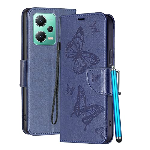 YEALLY Handyhülle für Xiaomi Redmi Note 12 Ledertasche Klapphülle Schmetterling Brieftasche Schutz Hülle für Xiaomi Redmi Note 12 Silikonhülle mit Kartenfächer Magnetverschluss (Blau) von YEALLY