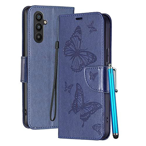 YEALLY Handyhüllen für Samsung Galaxy A34 Ledertasche Klapphülle Schmetterling Brieftasche Schutz Hülle für Samsung Galaxy A34 Silikonhülle mit Kartenfächer Magnetverschluss (Blau) von YEALLY