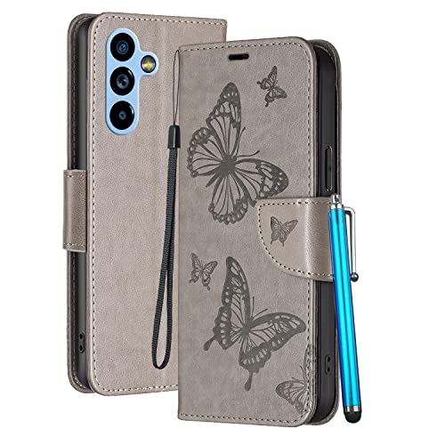 YEALLY Handyhüllen für Samsung Galaxy A54 Ledertasche Klapphülle Schmetterling Brieftasche Schutz Hülle für Samsung Galaxy A54 Silikonhülle mit Kartenfächer Magnetverschluss (Grau) von YEALLY