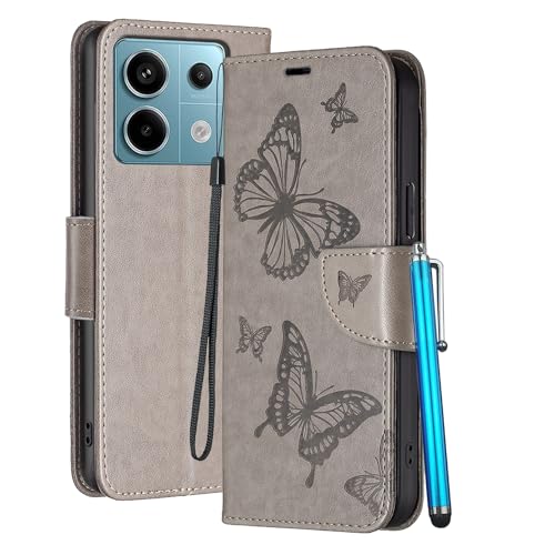 YEALLY Handyhüllen für Xiaomi Redmi Note 13 Pro 5G Ledertasche Klapphülle Schmetterling Brieftasche Schutz Hülle für Redmi Note 13 Pro 5G Silikonhülle mit Kartenfächer Magnetverschluss (Grau) von YEALLY